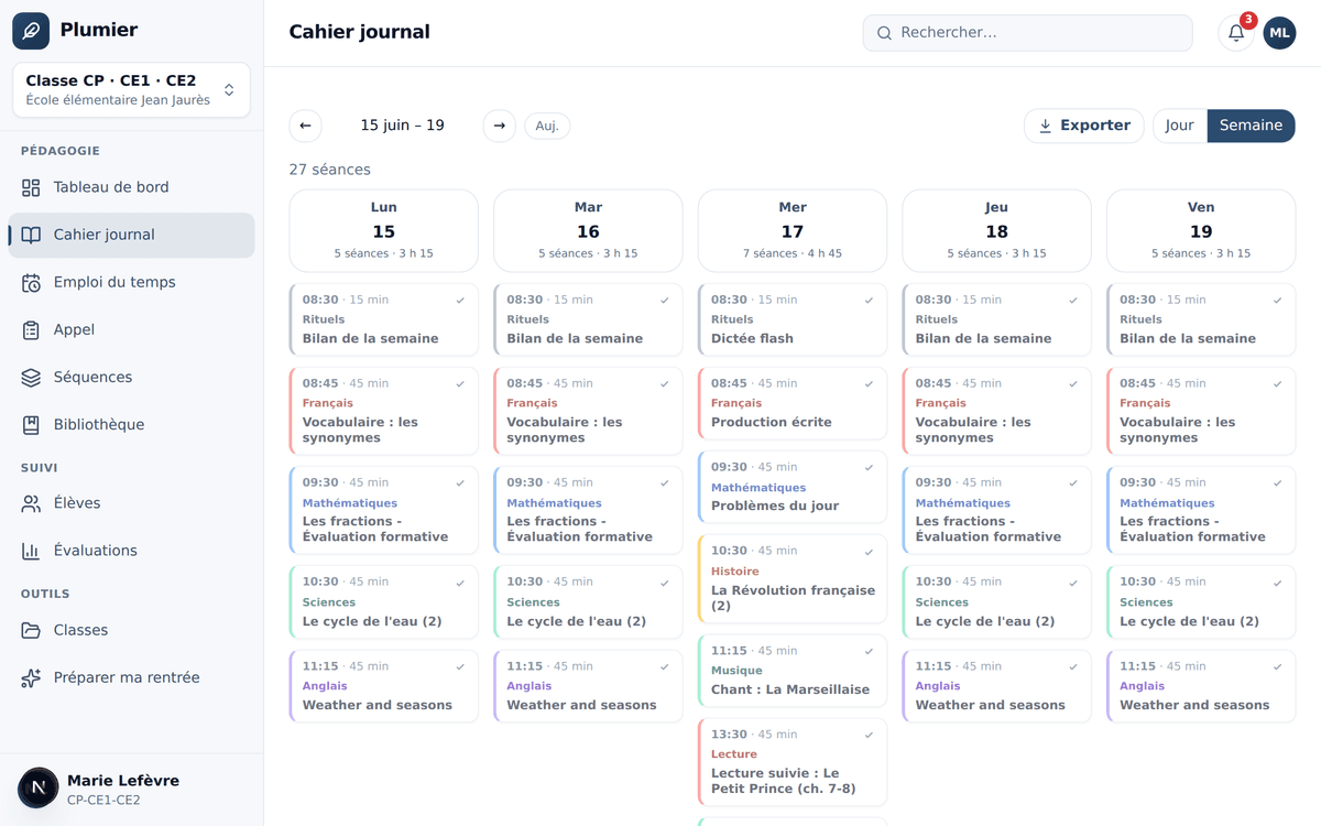 Vue semaine du cahier journal — planification de classe avec activités par jour